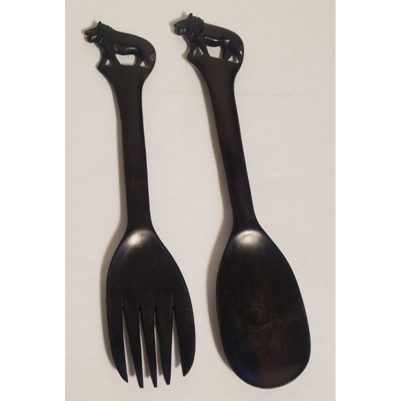 The Unbranded Brand Other - Hand Carved Wood Lion Handled Salad Servers Fork/‎ Spoon